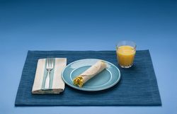 Breakfast meal with five USDA food groups: grains, protein foods, dairy, vegetables, and fruit
