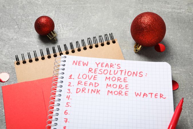 Concept of New Year Resolutions list, new year goals, close up