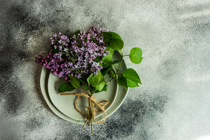 Top view of spring table setting with lilac