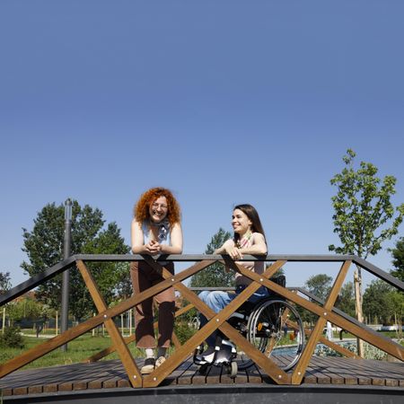 Woman in a wheelchair and female friend on bridge