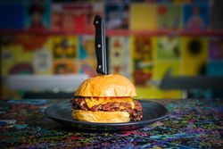 Tasty hamburger served in restaurant