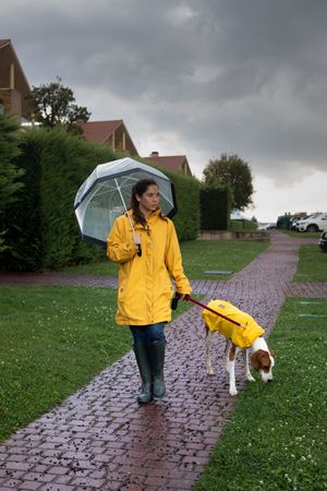 Woman walking with dog in cloak in street