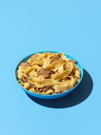 Pasta with wild mushrooms minimalist on a blue background