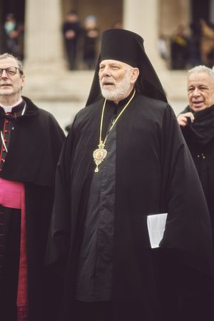 London, England, United Kingdom - March 5 2022: Orthodox priest standing outside