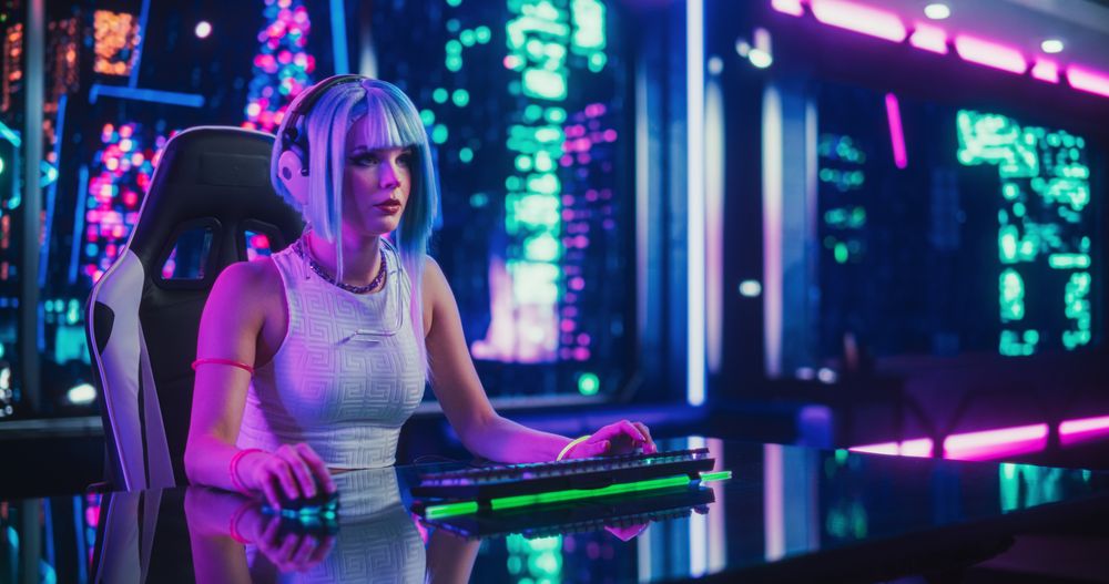 Happy Cosplayer Chats Online with Friends on Augmented Reality Computer, Surrounded by Cyberpunk Style Background.
