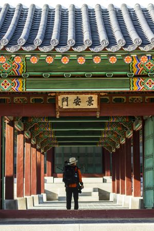Back view of a man standing in Gyeongbokgung palace in Seoul, South Korea