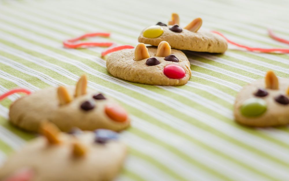 Cookies with mouse shaped and red licorice tail
