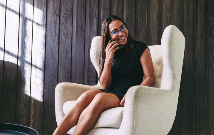 Happy business woman communicating with business clients