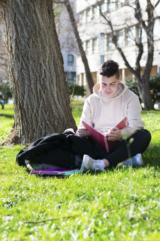 Young student sitting under tree with his notes