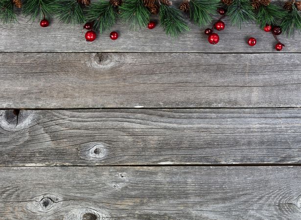 Christmas red berries and fir tree branches on old wood