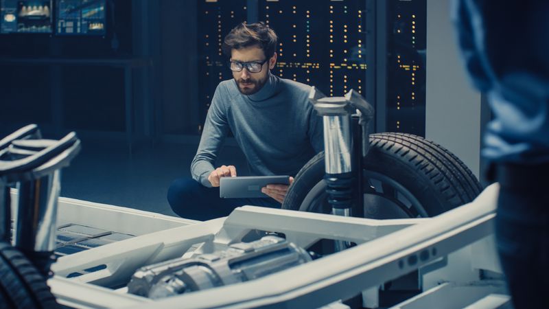 Automobile Design Engineer Sitting Beside Hybrid Electric Car Chassis Platform Prototype
