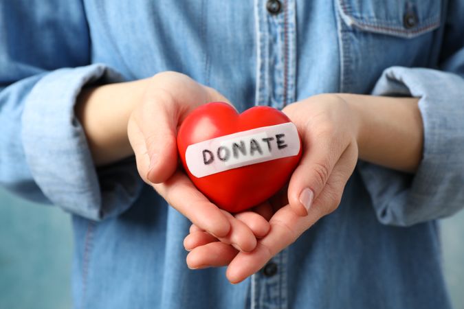 Woman holds heart on blue background, close up. Health care, organ donation
