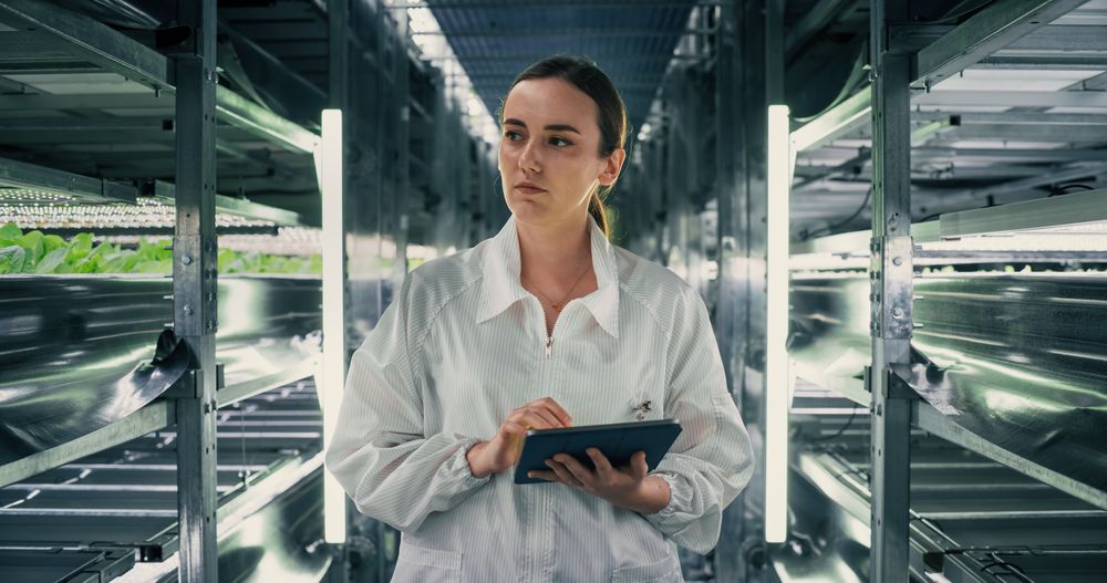 Biology Scientist Working in a Vertical Farm Next to Rack with Natural Eco Plants. Female Farming Engineer Using a Tablet Computer, Organizing and Analyzing Crops Information Before Distribution