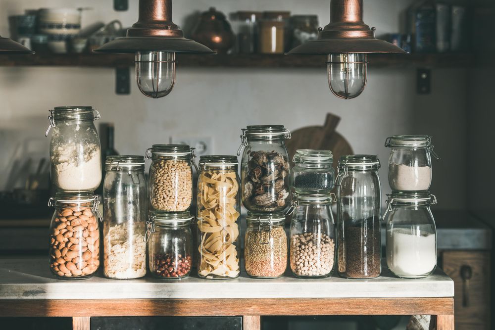 Rustic kitchen food storage arrangement, on counter