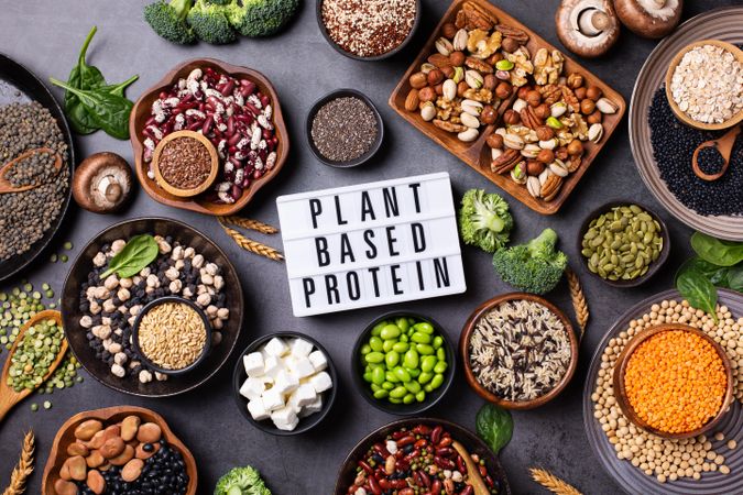 Variety of healthy vegan, plant based protein source and body building food on dark background
