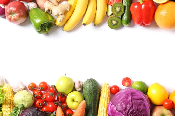 Composition with ripe vegetables and fruits isolated. Top view