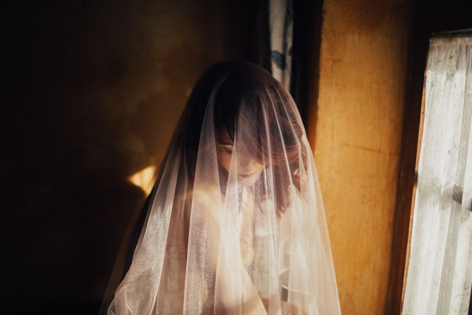Sensual woman under veil near window