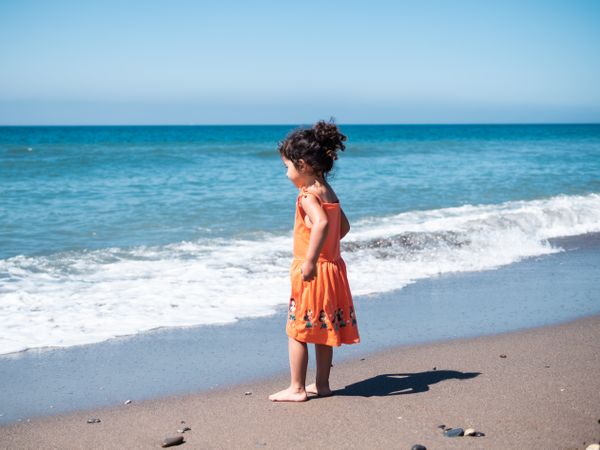 Little girl standing on beach and admiring view