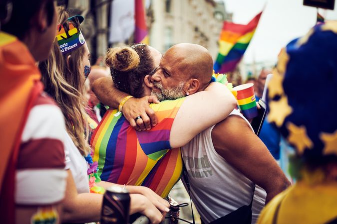 London, England, United Kingdom - July 7th, 2019: Man and woman embrace at Pride