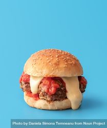 Meatballs burger with melted cheese, minimalist on a blue background 4Ngkmb