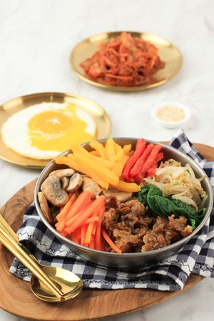 Bulgogi Bibimbap, Mixed Rice with Stir Fry Vegetable, Gochujang, and Beef