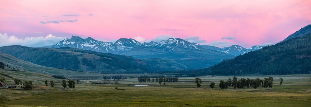 Wide format shot of sunset over mountains with buffalo in the valley below