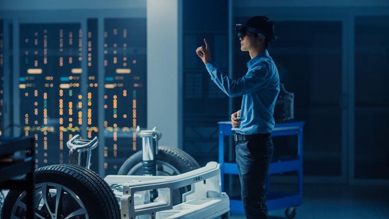 Automotive Engineer Working on Electric Car Chassis Platform, Using Augmented Reality Headset with Touching Gestures.