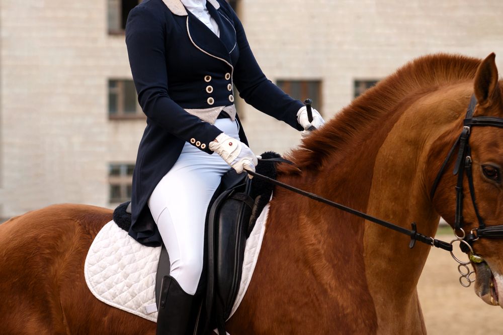 Elegant dressage rider and horse in mid-ride