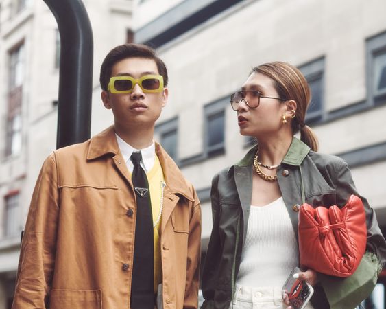 London, England, United Kingdom - September 18 2021: Two Asian people at fashion week