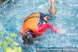 Child in life jacket with head down in water 4m1gv4