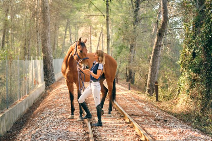 Horsewoman with chestnut horse in woods