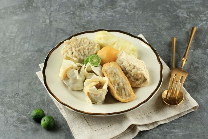 Plate of steamed dumplings, Baso Tahu Indonesian street food