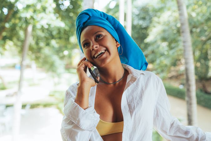 Woman with turban speaking on mobile phone