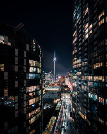 High rise city buildings during the night