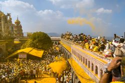 Jejuri, Maharashtra, India - Dec 30, 2024: Palkhi of Lord Khandoba at the famous and beautiful Khandoba temple at Jejuri during the festival of Somvati Amavasya