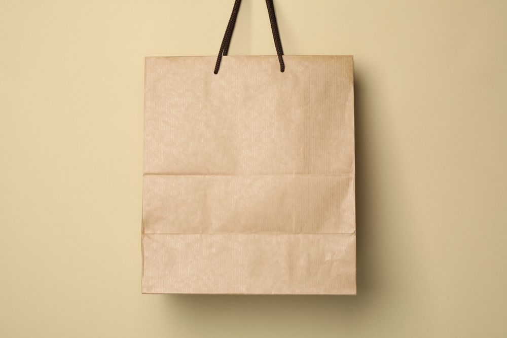 Empty paper bag on beige background, space for text