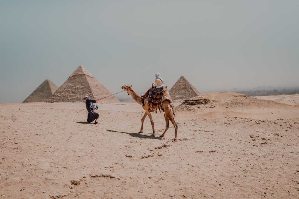 Man leading camel near Great Pyramids