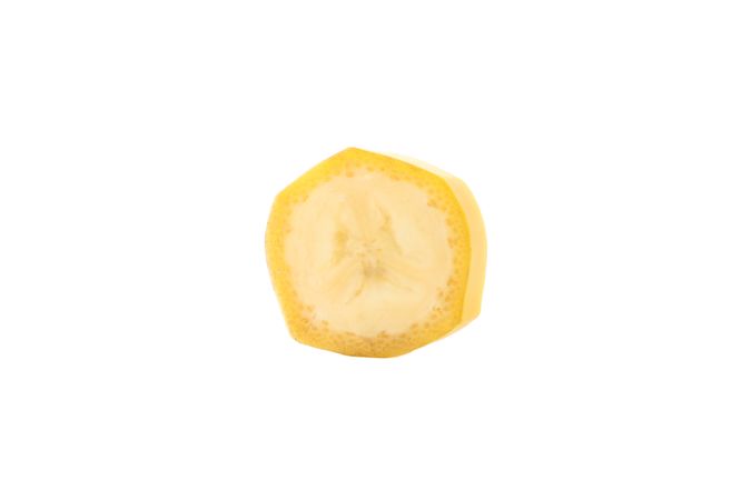 Slice of banana with peel on blank background