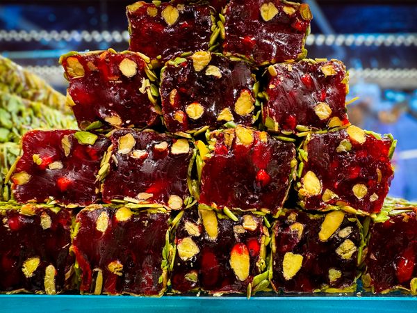 Turkish delight pomegranate with sliced pistachios