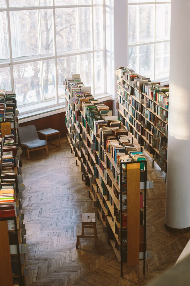 Bookshelves in a library during daytime