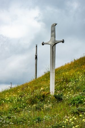 Famous Didgori battle monument with giant sword in the Caucasus