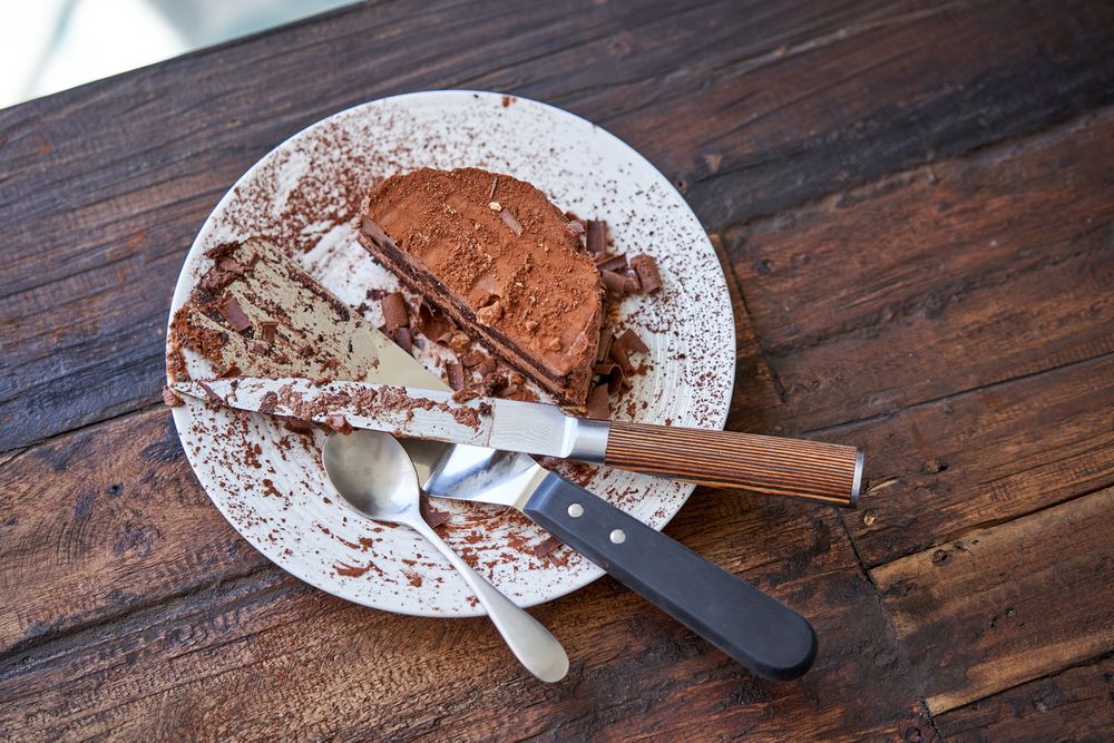 Leftover chocolate cake on white plate