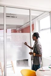 Young man presenting a pie chart on a whiteboard in an office
