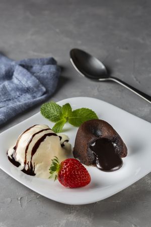 Petit Gateau dessert with ice cream.