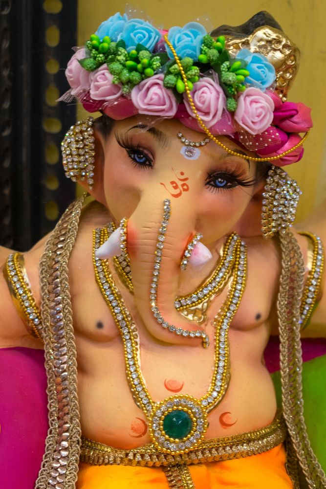A beautiful idol of Lord Ganpati on display at a workshop in Mumbai, India for the festival of Ganesh Chaturthi