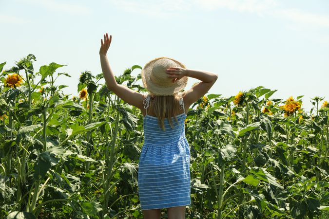 Carefree woman in sunflower field. Summer sunny day