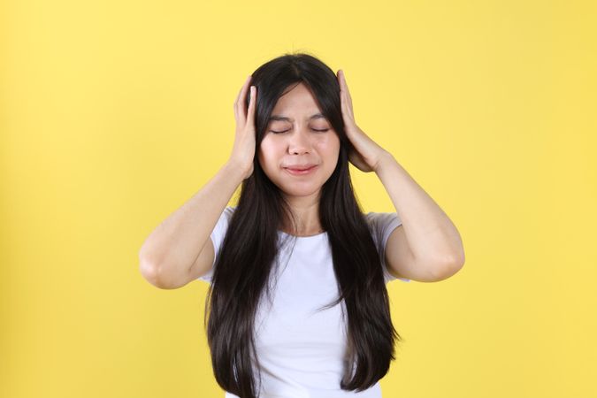 Young Asian Beautiful Woman Hand Touching Head, Feeling Depressed Stress Headache