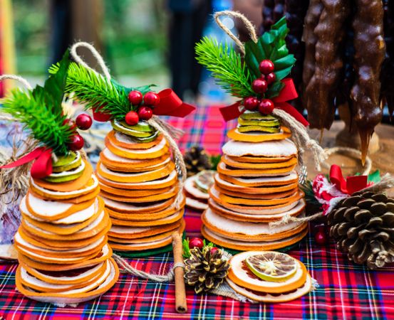 Christmas food concept of dried orange slices in tree shape