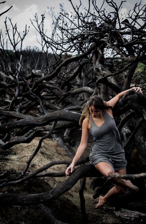 Woman posing on twigs of dry trees