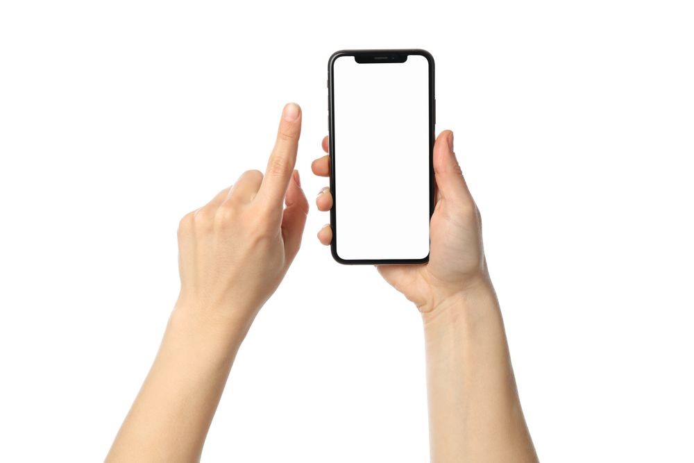 Female hands holding phone with empty screen, isolated on blank background